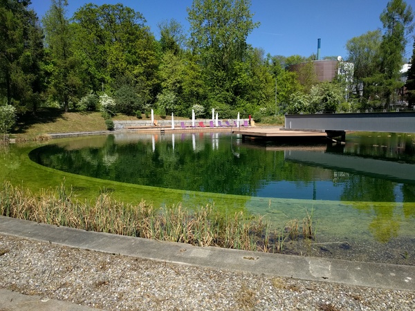 An old water treatment basin that has been converted into a swimming pool for the employees of the water treatment plant Werdhölzli.